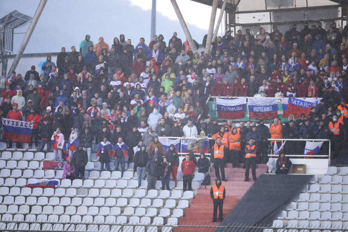 Russian soccer fans pictured in 2021 during their team's 1-0 defeat by Croatia in Split